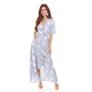 Lost + Wander Blue Maxi Wrap Dress Flower Power Embroidered High-Low Med NWT